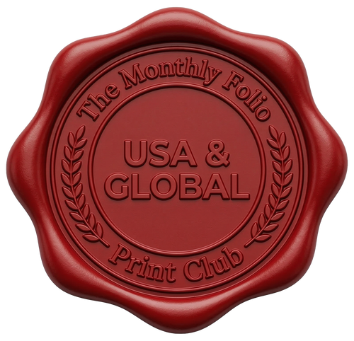 Red wax seal graphic for the monthly subscription to the The Monthly Folio print club, art gallery, curators, art buying agents, fine art buyers, collectors, artists, contemporary artist, watercolor portrait, gouache painting, feminine portraiture, original fine art, pop art portrait, Omaha Nebraska, art studio, gallery artist